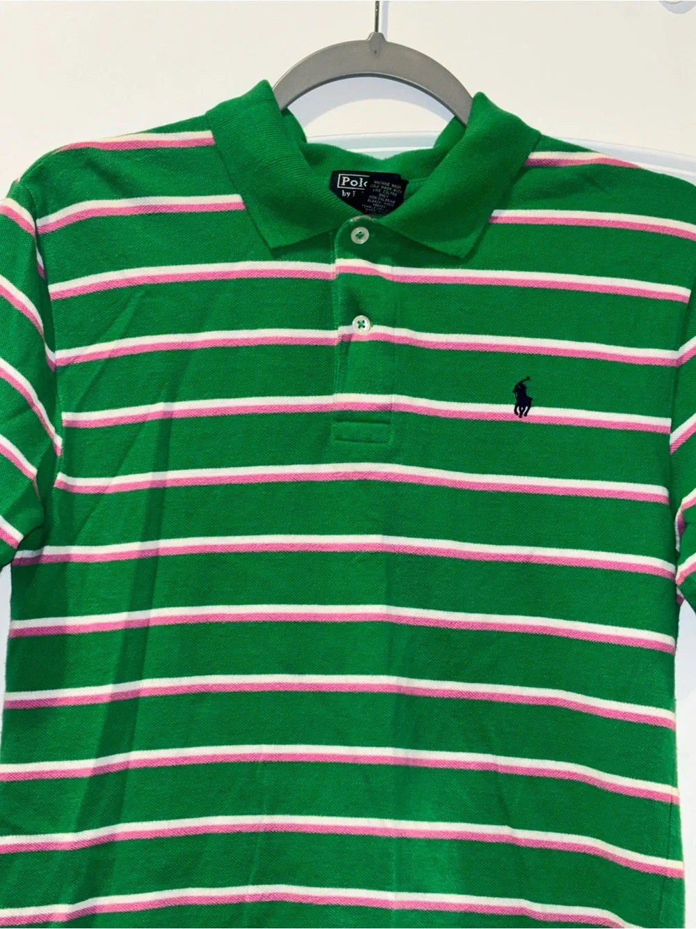 Ralph Lauren Green Polo with White & Pink Stripe Detail